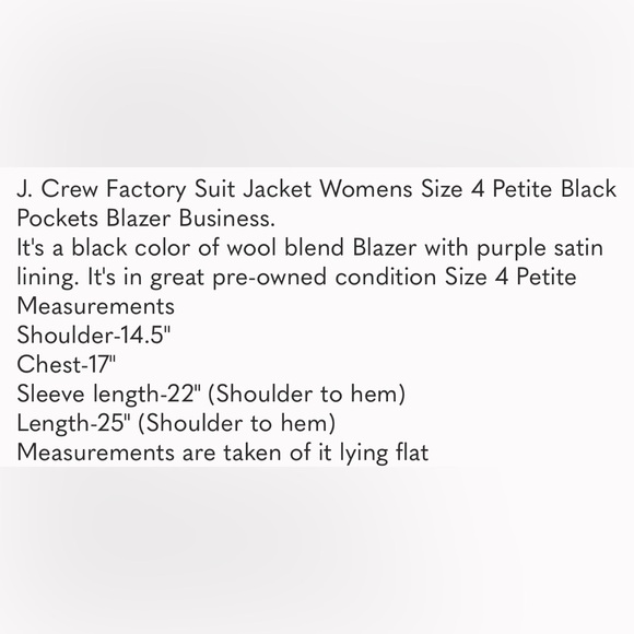 J. Crew Suit Wool blend sleek Size 4 Petite Black Blazer - Picture 8 of 8